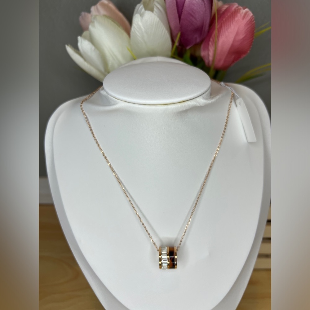 Michael Kors Rose Gold Double Tortoise Shell Barrel Pendant Necklace